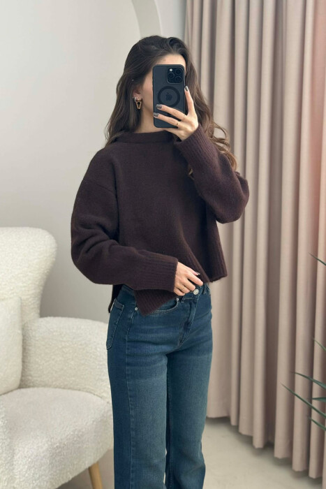 SEMI NECK SIMPLE WOMEN SWEATER DARK BROWN/KAE - 3