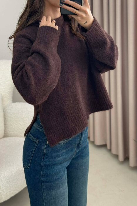 SEMI NECK SIMPLE WOMEN SWEATER DARK BROWN/KAE - 4