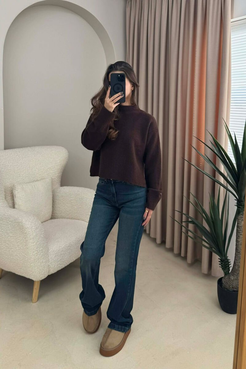 SEMI NECK SIMPLE WOMEN SWEATER DARK BROWN/KAE - 5