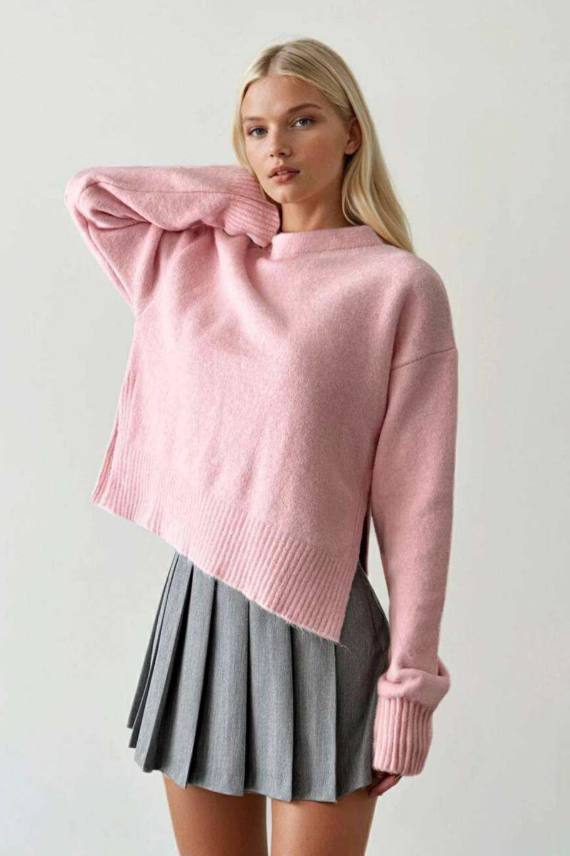 SEMI NECK SIMPLE WOMEN SWEATER PINK/ROZE - 1