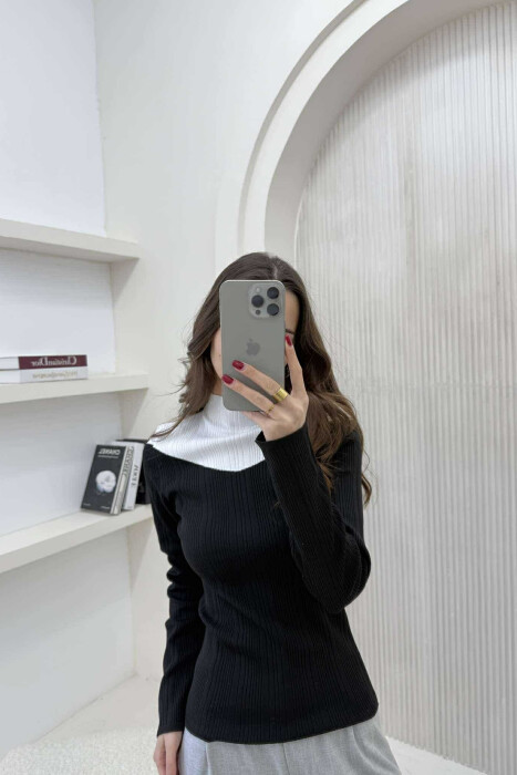 SEMI NECK TWO COLOR WOMEN SWEATER BLACK/ E ZEZE - 1