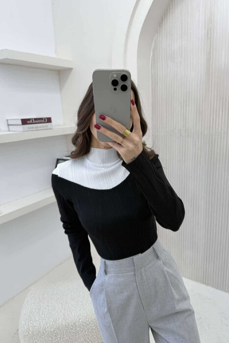 SEMI NECK TWO COLOR WOMEN SWEATER BLACK/ E ZEZE - 2
