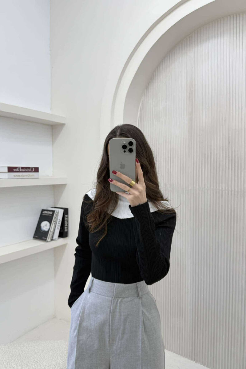 SEMI NECK TWO COLOR WOMEN SWEATER BLACK/ E ZEZE - 4