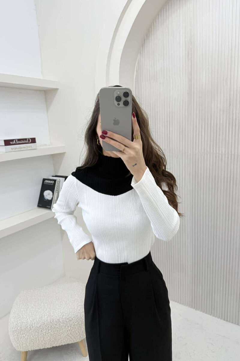 SEMI NECK TWO COLOR WOMEN SWEATER WHITE-E BARDHE - 1