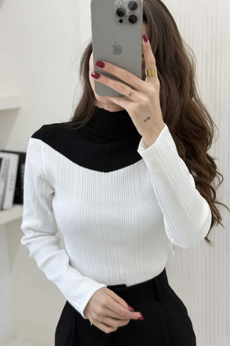 SEMI NECK TWO COLOR WOMEN SWEATER WHITE-E BARDHE - 2