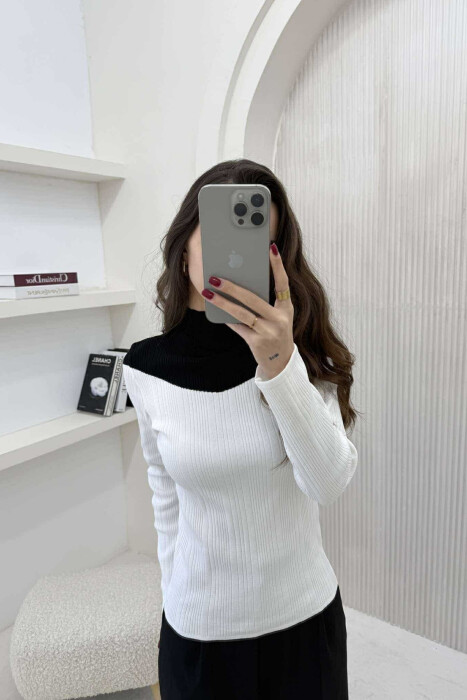 SEMI NECK TWO COLOR WOMEN SWEATER WHITE-E BARDHE - 3