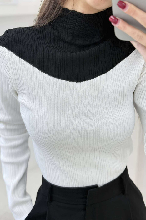SEMI NECK TWO COLOR WOMEN SWEATER WHITE-E BARDHE - 4