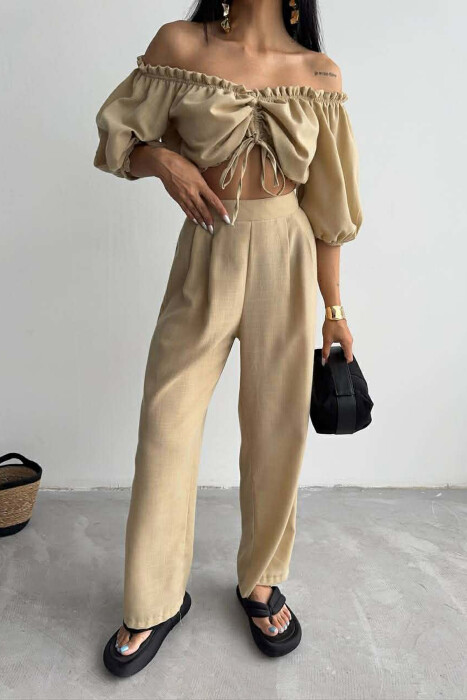SET CROP TOP + PANTALLONA PER FEMRA NE NGJYRE BEZHE - 4