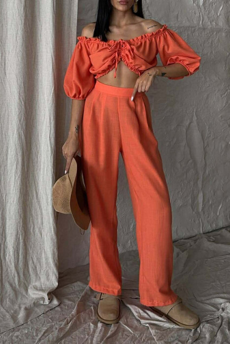 SET CROP TOP + PANTALLONA PER FEMRA NE NGJYRE PORTOKALLI - 7
