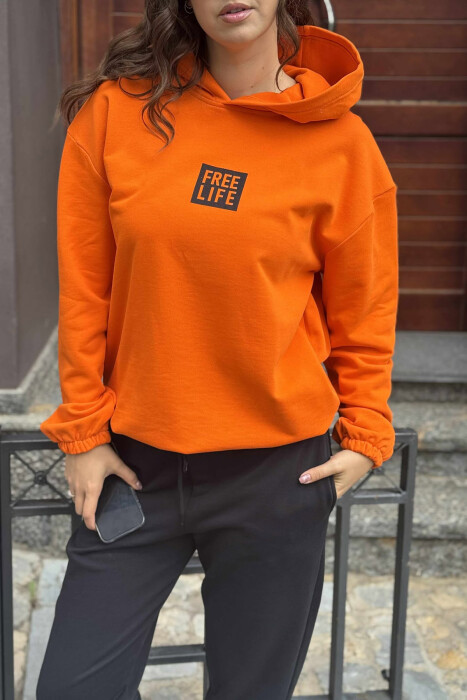 SET I THJESHTË ME SHKRIME HOODIE+TUTA PËR FEMRA NË NGJYRËN PORTOKALLI+E ZEZË - 5
