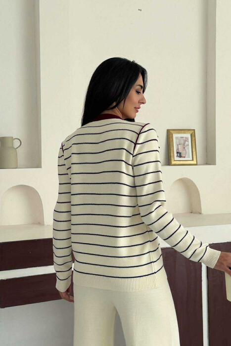 SET I THJESHTË PULOVËR ME VIJA+PANTALLONA PËR FEMRA NË NGJYRË KREM ME VISHNJË - 4