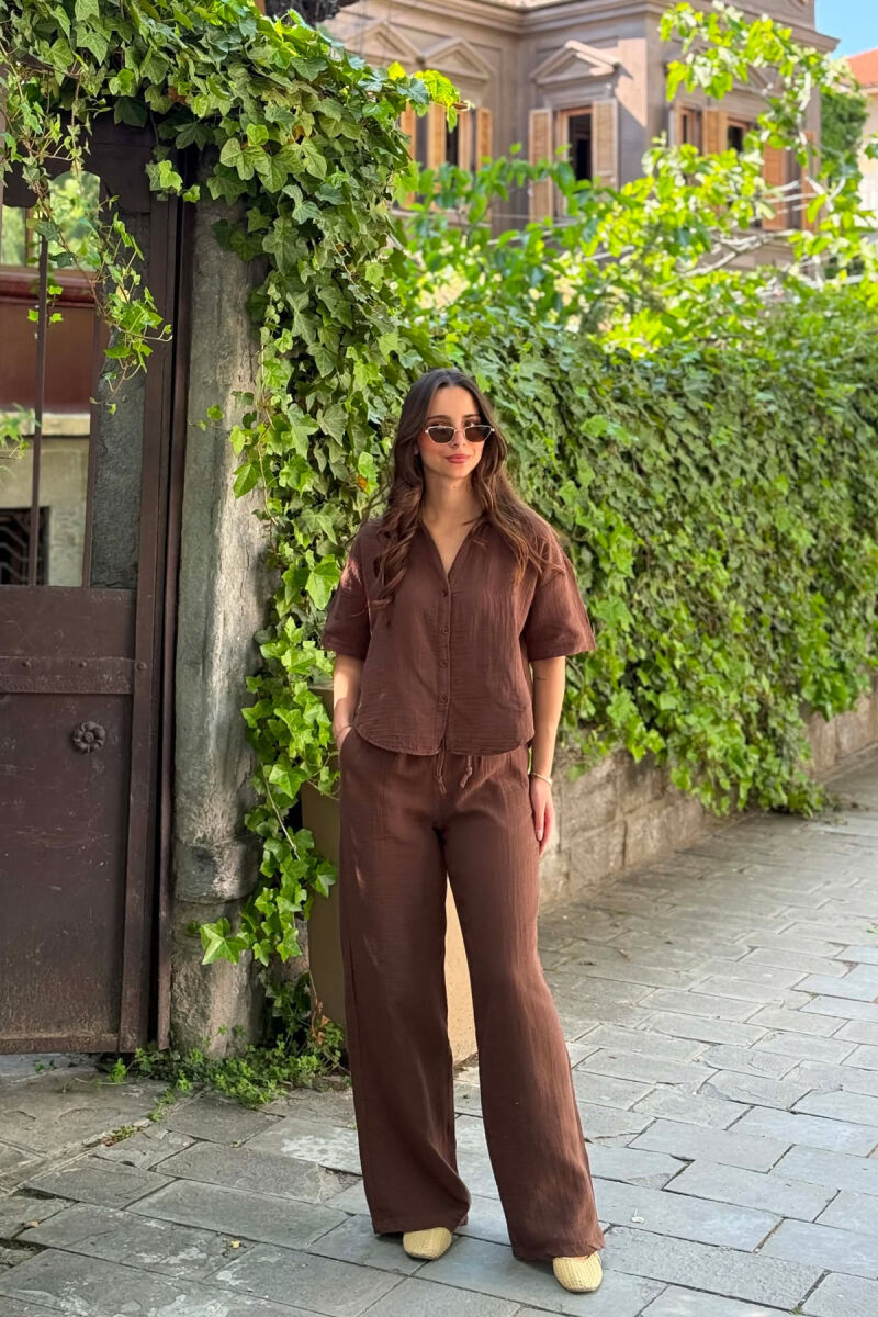 SET LINO NJE NGJYRESH KEMISHE + PANTALLONA PER FEMRA NE NGJYRE KAFE - 1