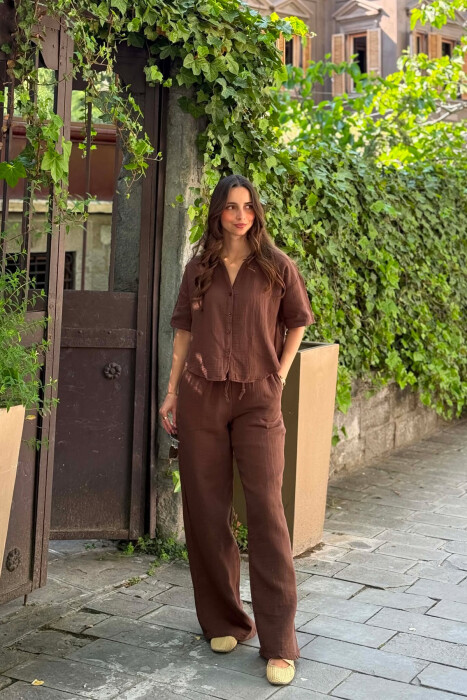SET LINO NJE NGJYRESH KEMISHE + PANTALLONA PER FEMRA NE NGJYRE KAFE - 2