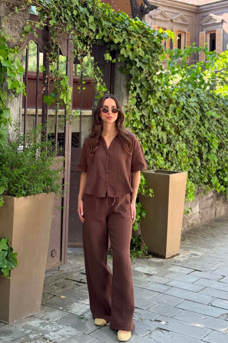 SET LINO NJE NGJYRESH KEMISHE + PANTALLONA PER FEMRA NE NGJYRE KAFE - 3