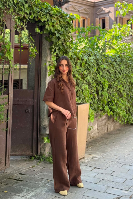 SET LINO NJE NGJYRESH KEMISHE + PANTALLONA PER FEMRA NE NGJYRE KAFE - 6