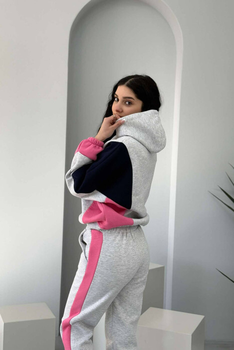 SET ME PUSH HOODIE+TUTA PËR FEMRA NE NGJYRËN GRI E ZBARDHUR DHE ROZË - 2