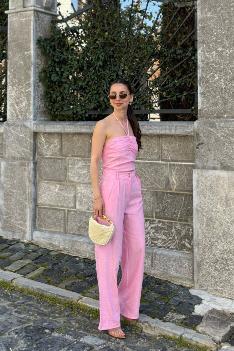 SET NJE NGJYRESH CROP TOP + PANTALLONA PER FEMRA NE NGJYRE ROZE - 4