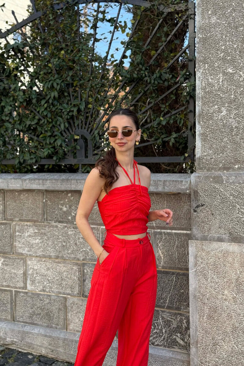 SET NJE NGJYRESH CROP TOP + PANTALLONA PER FEMRA NE NGJYRE TE KUQE - 3