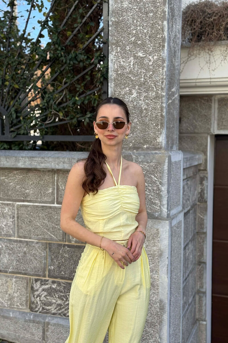 SET NJE NGJYRESH CROP TOP + PANTALLONA PER FEMRA NE NGJYRE TE VERDHE - 3