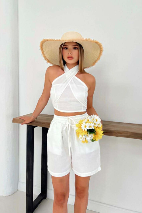 SET NJE NGJYRESH CROP TOP + PANTALLONA TE SHKURTRA PER FEMRA NE NGJYRE TE BARDHE 