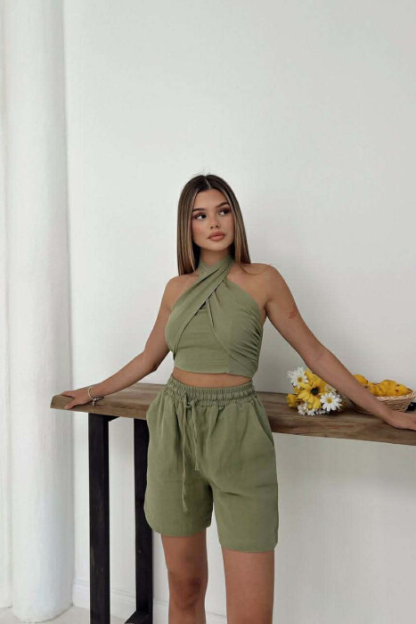 SET NJE NGJYRESH CROP TOP + PANTALLONA TE SHKURTRA PER FEMRA NE NGJYRE ULLI - 1