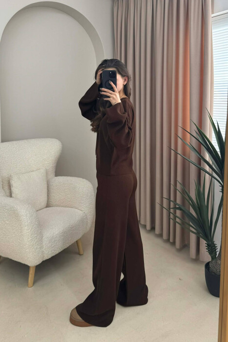 SET NJË NGJYRËSH I THJESHTË PULOVËR+PANTALLONA PËR FEMRA NË NGJYRË KAFE TË ERRËT - 6