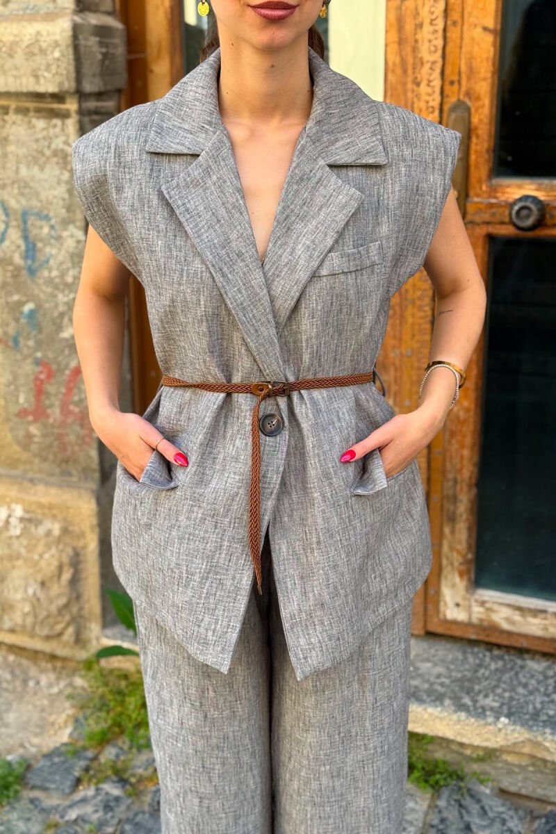 SET NJE NGJYRESH JELEK ME DETAJIN E RRIPIT + PANTALLONA PER FEMRA NE NGJYRE GRI - 5