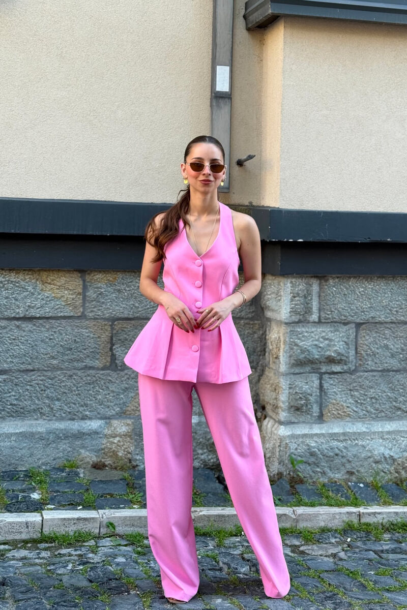 SET NJE NGJYRESH JELEK ME KURRIZ TE HAPUR + PANTALLONA PER FEMRA NE NGJYRE ROZE - 1