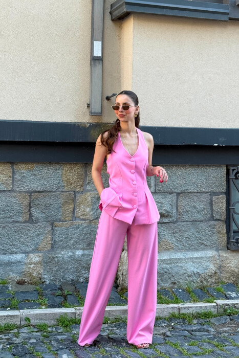 SET NJE NGJYRESH JELEK ME KURRIZ TE HAPUR + PANTALLONA PER FEMRA NE NGJYRE ROZE - 6