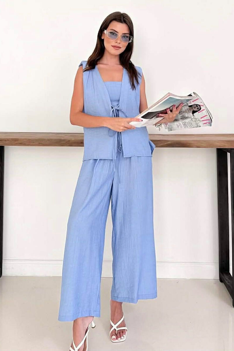 SET NJE NGJYRESH JELEK ME LIDHESE + CROP TOP + PANTALLONA PER FEMRA NE NGJYRE BABY BLU - 2