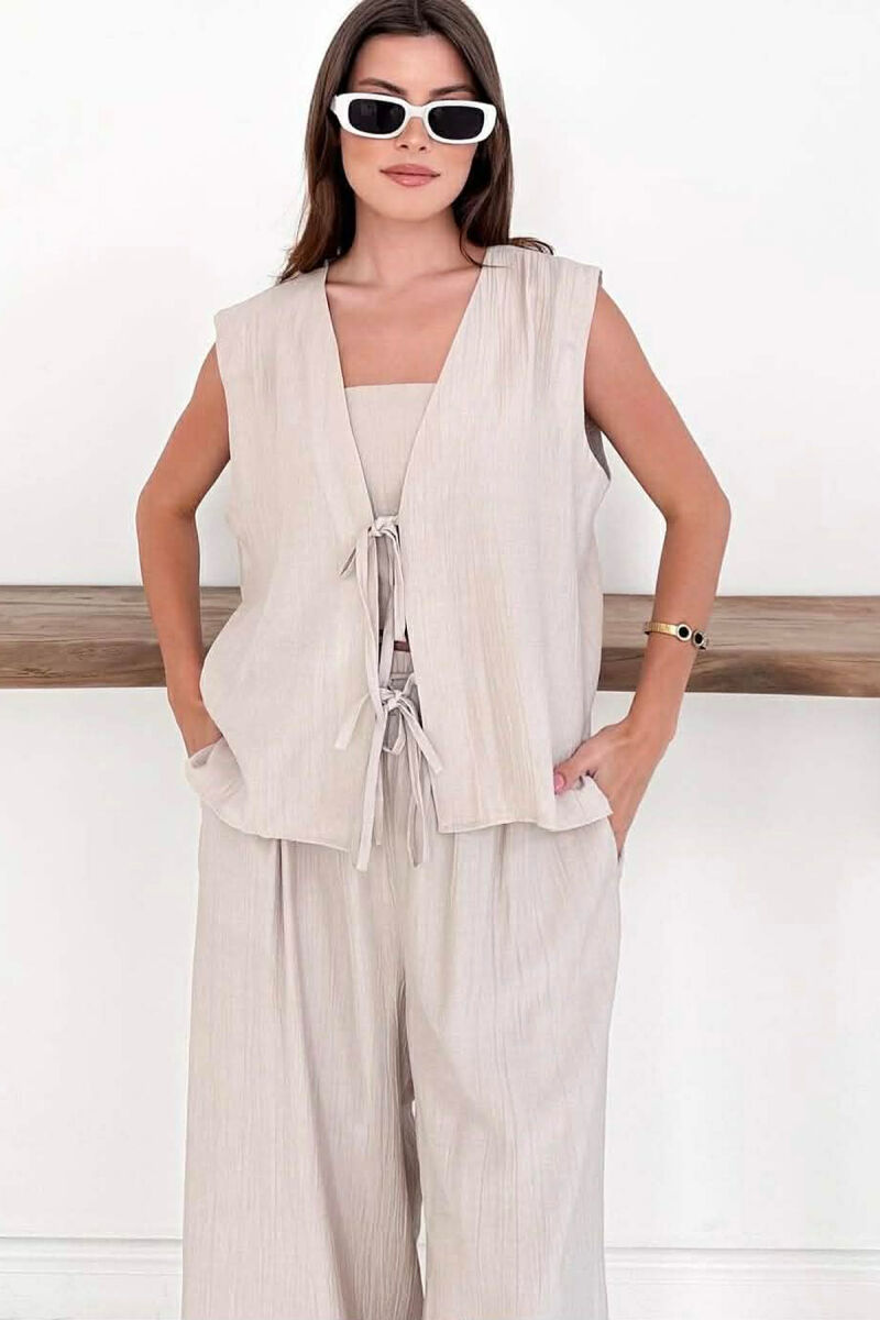 SET NJE NGJYRESH JELEK ME LIDHESE + CROP TOP + PANTALLONA PER FEMRA NE NGJYRE BEZHE - 4