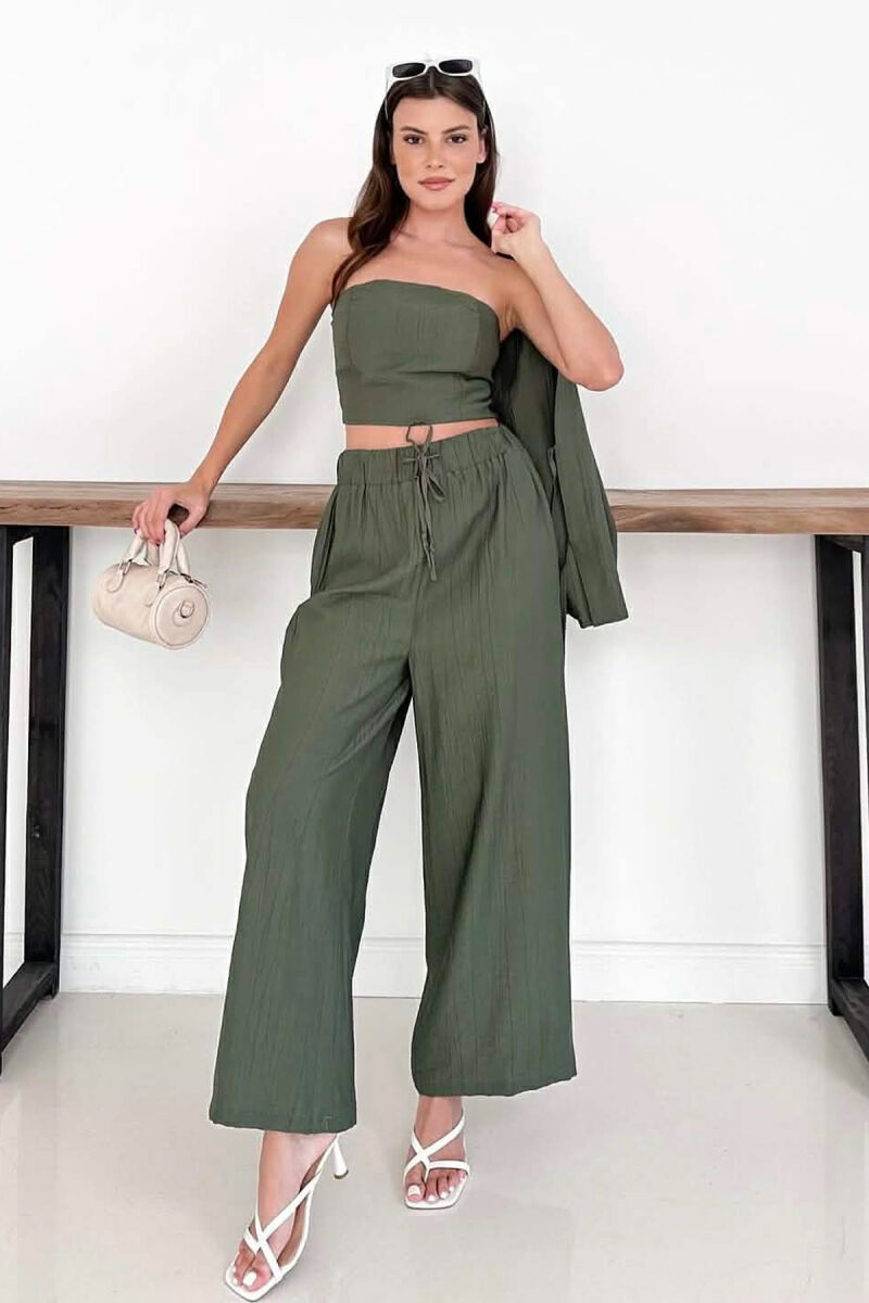 SET NJE NGJYRESH JELEK ME LIDHESE + CROP TOP + PANTALLONA PER FEMRA NE NGJYRE JESHILE - 1