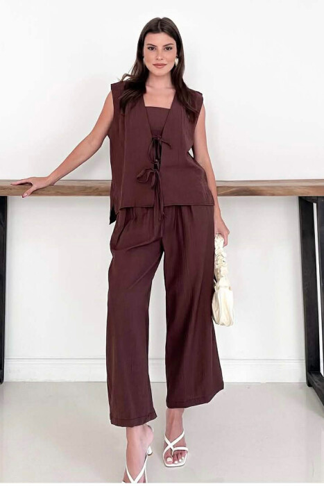 SET NJE NGJYRESH JELEK ME LIDHESE + CROP TOP + PANTALLONA PER FEMRA NE NGJYRE KAFE E ERRET - 1