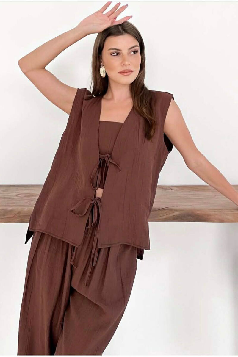 SET NJE NGJYRESH JELEK ME LIDHESE + CROP TOP + PANTALLONA PER FEMRA NE NGJYRE KAFE E ERRET - 2