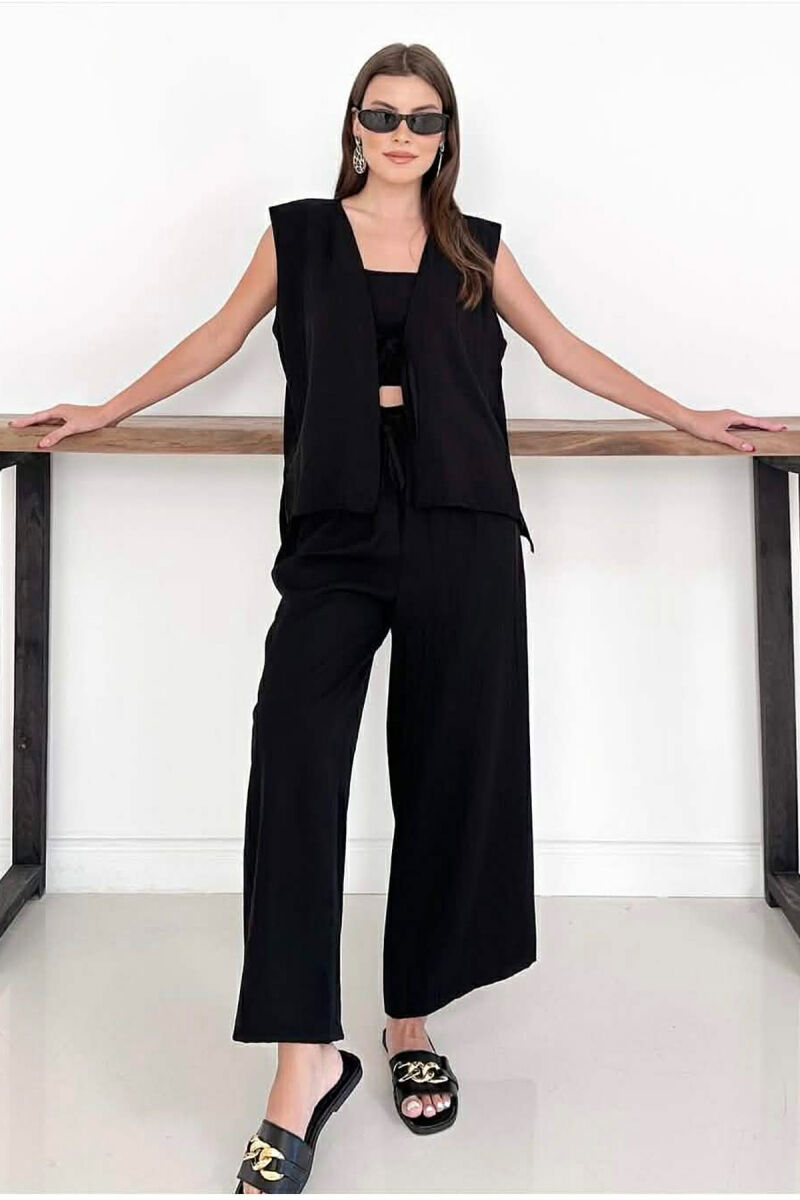 SET NJE NGJYRESH JELEK ME LIDHESE + CROP TOP + PANTALLONA PER FEMRA NE NGJYRE TE ZEZE - 1