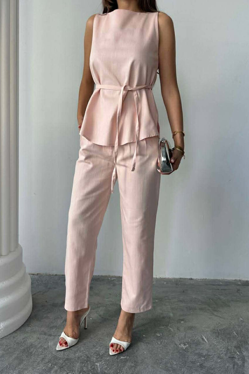 SET NJE NGJYRESH JELEK ME LIDHESE + PANTALLONA PER FEMRA NE NGJYRE PUDER - 2