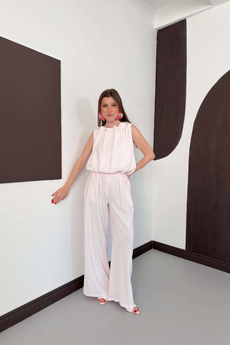 SET NJE NGJYRESH KANATJERE + PANTALLONA TE GJERA PER FEMRA NE NGJYRE ROZE TE ZBARDHUR - 1