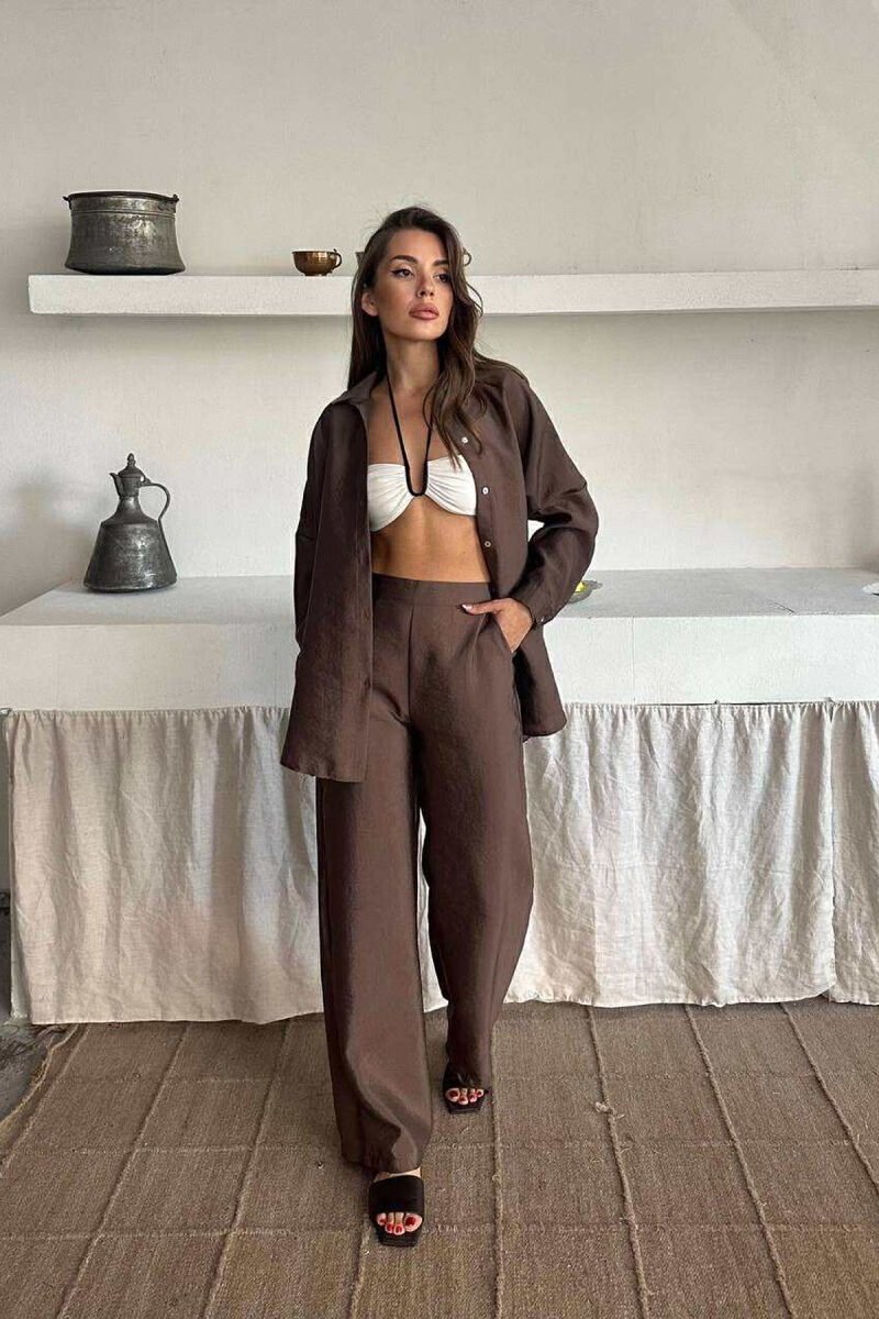 SET NJË NGJYRËSH KËMISHË E THJESHTË +PANTALLONA PËR FEMRA NË NGJYRË KAFE TË ZBARDHUR - 3