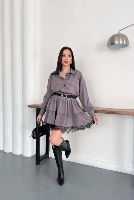 SET NJE NGJYRESH KEMISHE + FUND PANTALLONE ME DETAJIN E RRIPIT PER FEMRA NE NGJYRE KAFE TE ZBARDHUR - 3