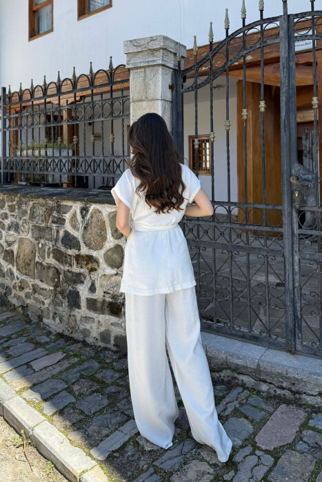 SET NJE NGJYRESH KEMISHE ME MENGE TE SHKURTRA ME LIDHESE + PANTALLONA PER FEMRA NE NGJYRE TE BARDHE - 4