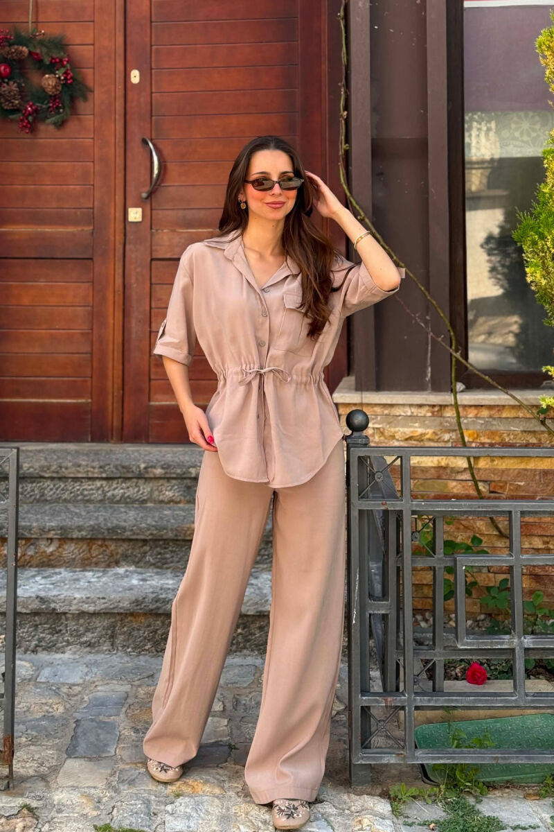 SET NJE NGJYRESH KEMISHE ME XHEP PARA + PANTALLONA PER FEMRA NE NGJYRE BEZHE - 3