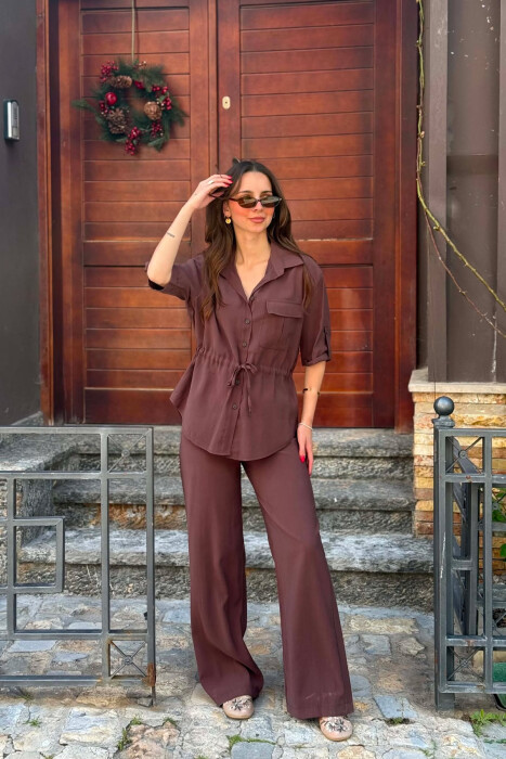 SET NJE NGJYRESH KEMISHE ME XHEP PARA + PANTALLONA PER FEMRA NE NGJYRE KAFE - 1
