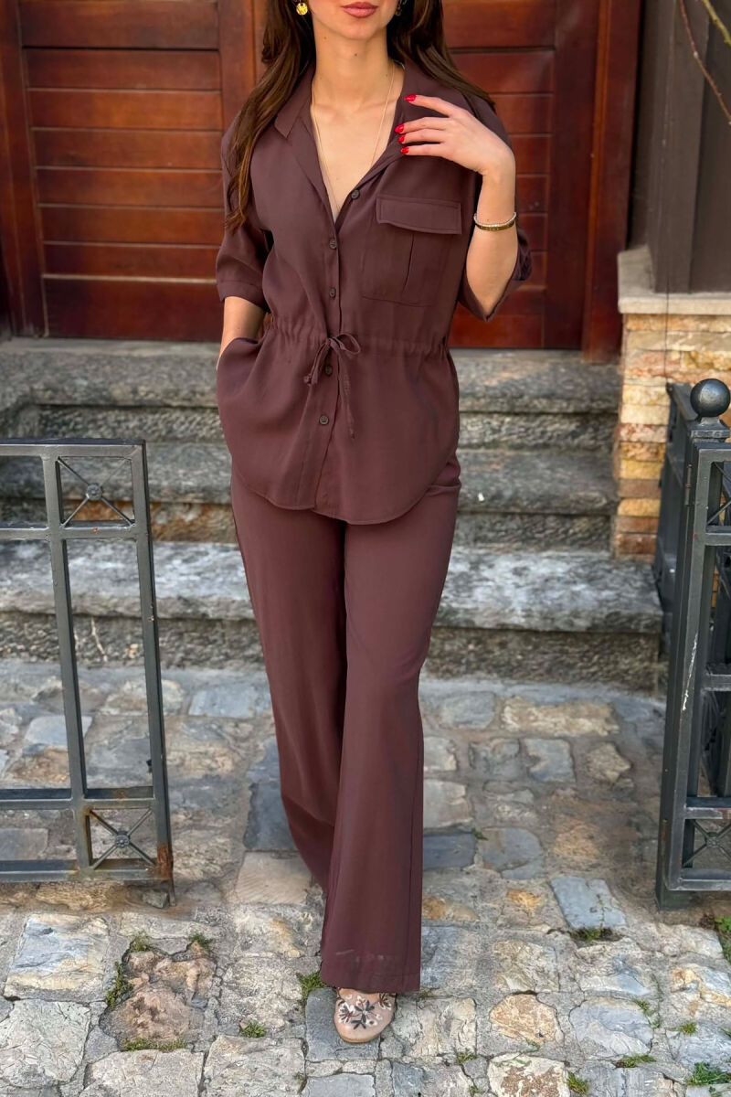 SET NJE NGJYRESH KEMISHE ME XHEP PARA + PANTALLONA PER FEMRA NE NGJYRE KAFE - 3