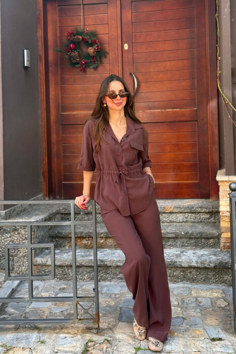 SET NJE NGJYRESH KEMISHE ME XHEP PARA + PANTALLONA PER FEMRA NE NGJYRE KAFE - 5