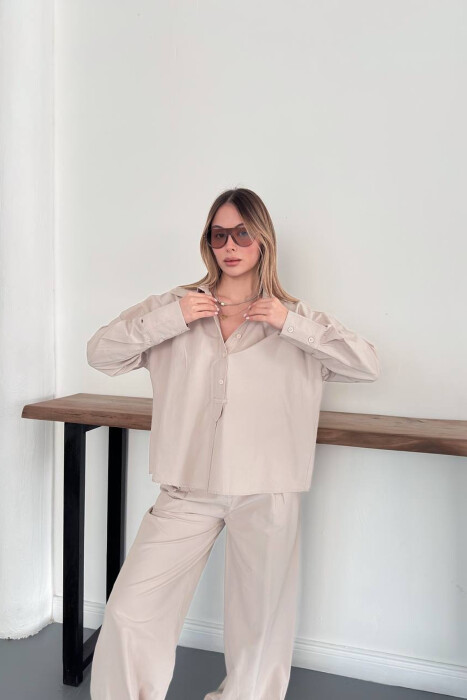 SET NJE NGJYRESH KEMISHE + PANTALLONA PER FEMRA NE NGJYRE BEZHE - 3