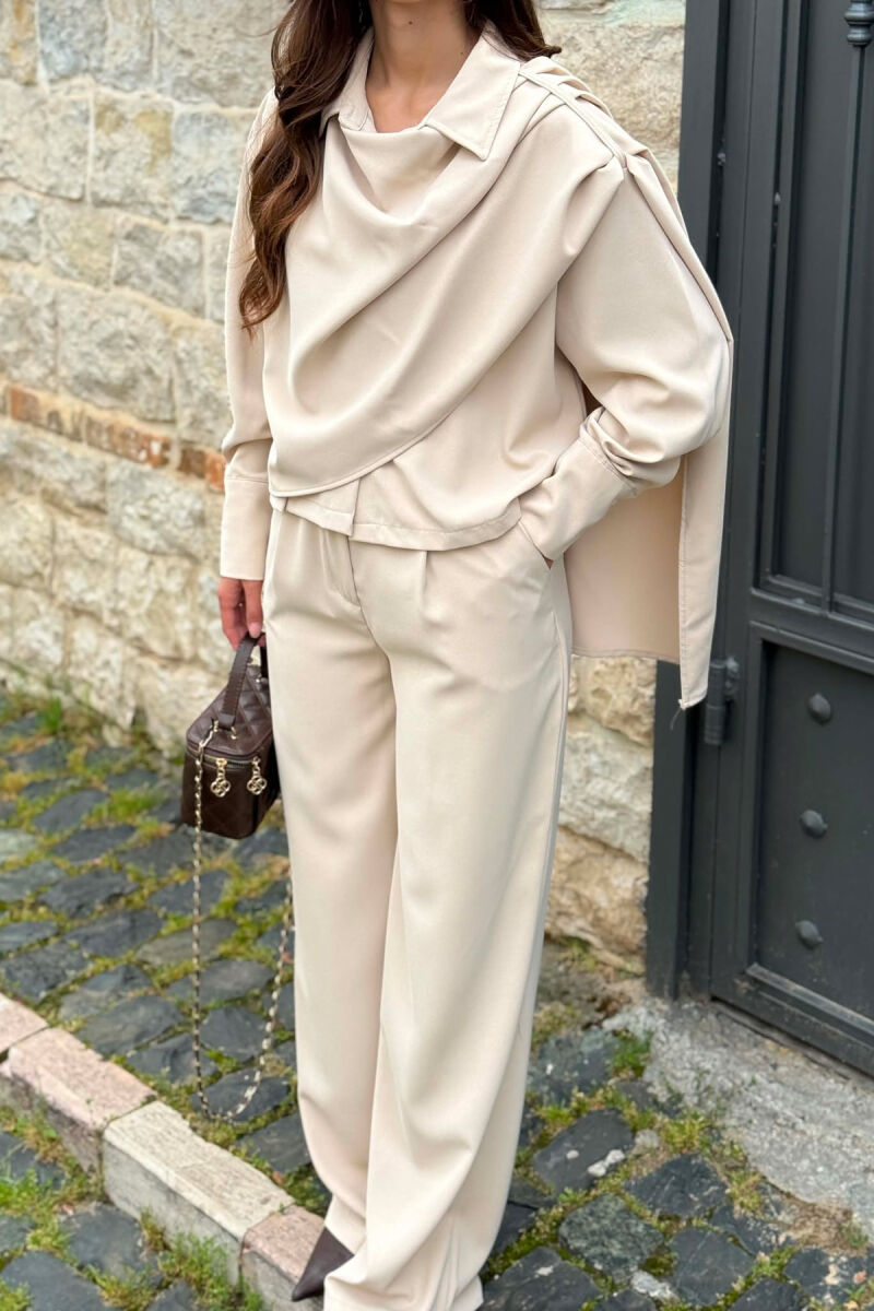SET NJE NGJYRESH KEMISHE + PANTALLONA PER FEMRA NE NGJYRE BEZHE - 3