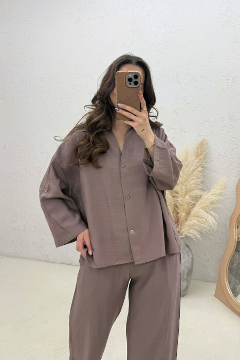 SET NJE NGJYRESH KEMISHE + PANTALLONA PER FEMRA NE NGJYRE KAFE - 2