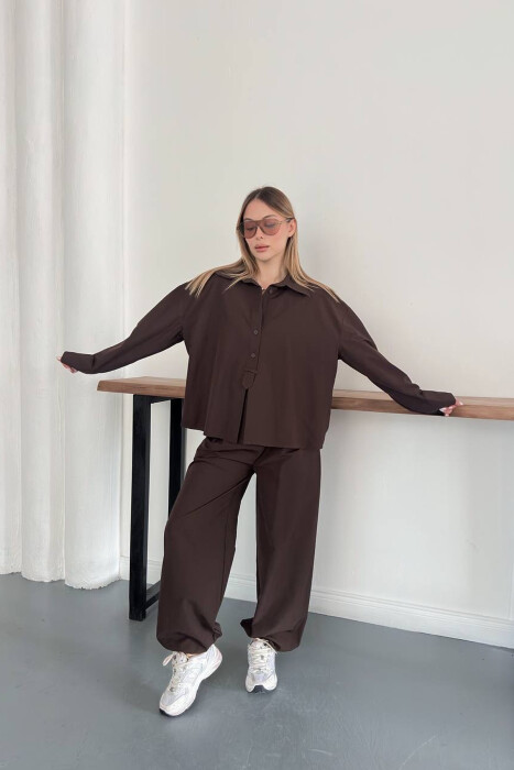 SET NJE NGJYRESH KEMISHE + PANTALLONA PER FEMRA NE NGJYRE KAFE - 1