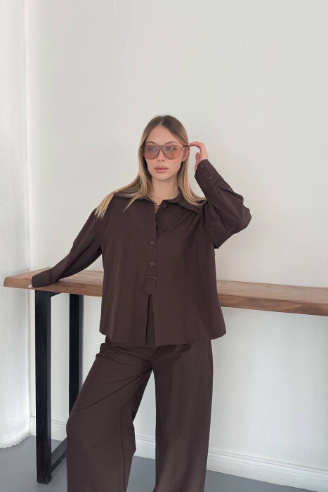 SET NJE NGJYRESH KEMISHE + PANTALLONA PER FEMRA NE NGJYRE KAFE - 3