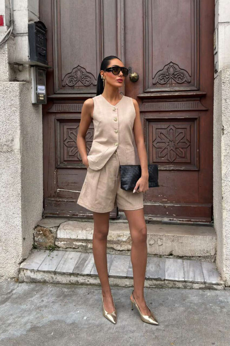 SET NJË NGJYRËSH ME KOPSA JELEK+PANTALLONA PËR FEMRA NË NGJYRËN BEZHË - 1